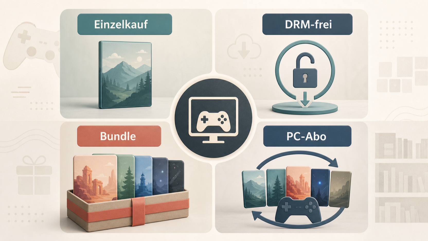 Redaktionelle Illustration zu PC-Spiele-Plattform richtig wählen: Besitzmodell, Katalog, Launcher und Kosten prüfen
