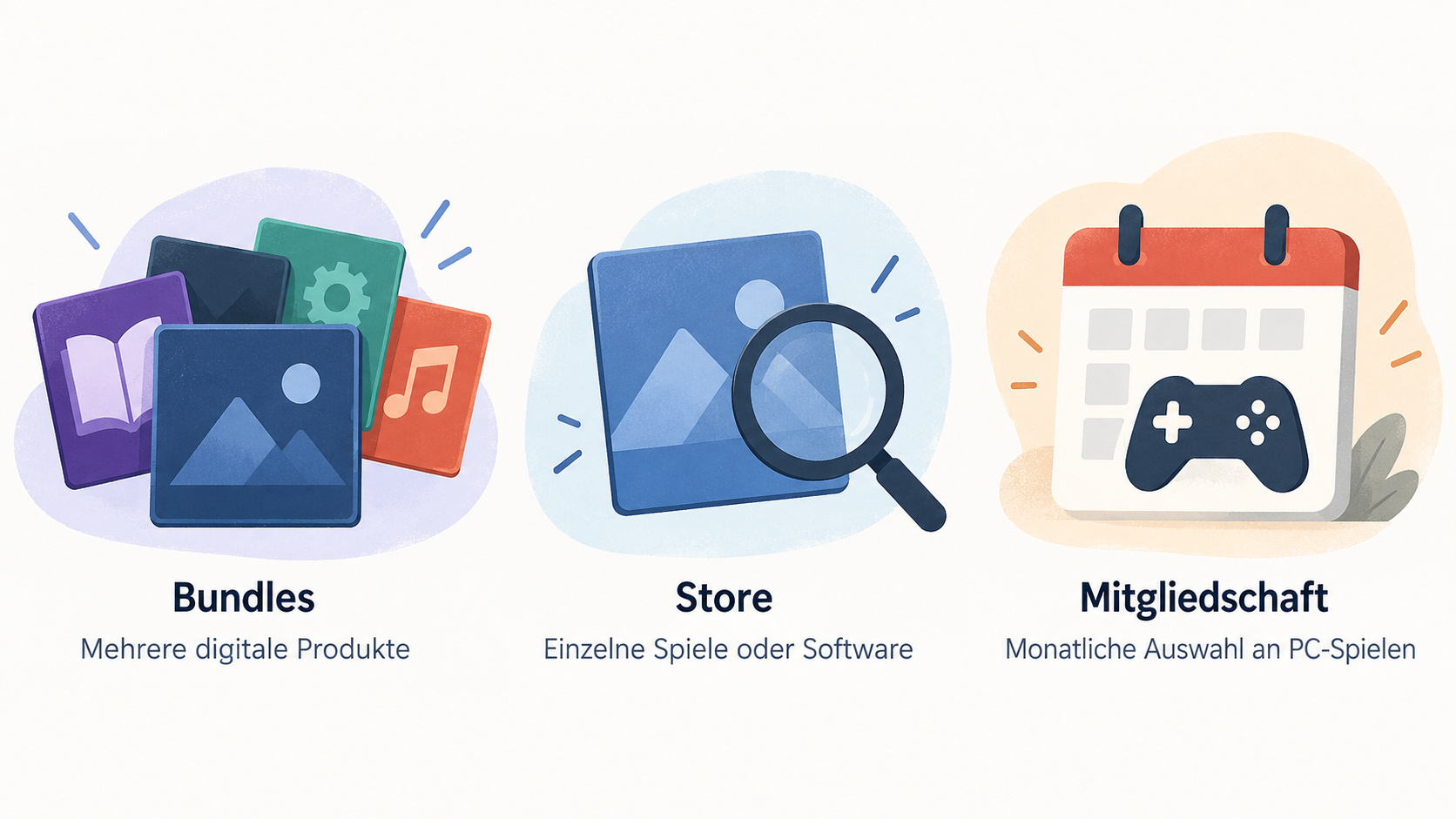 Show the range of digital content types the section says Humble Bundle sells, using four labeled icons.