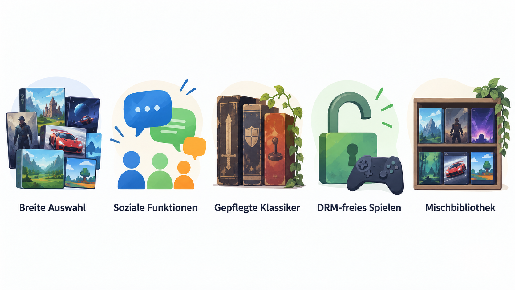Show the verdict’s stated considerations for a mixed library in one unranked row of five icons labeled “Neuerscheinungen”, “Mods”, “Early Access”, “gepflegte Klassiker” and