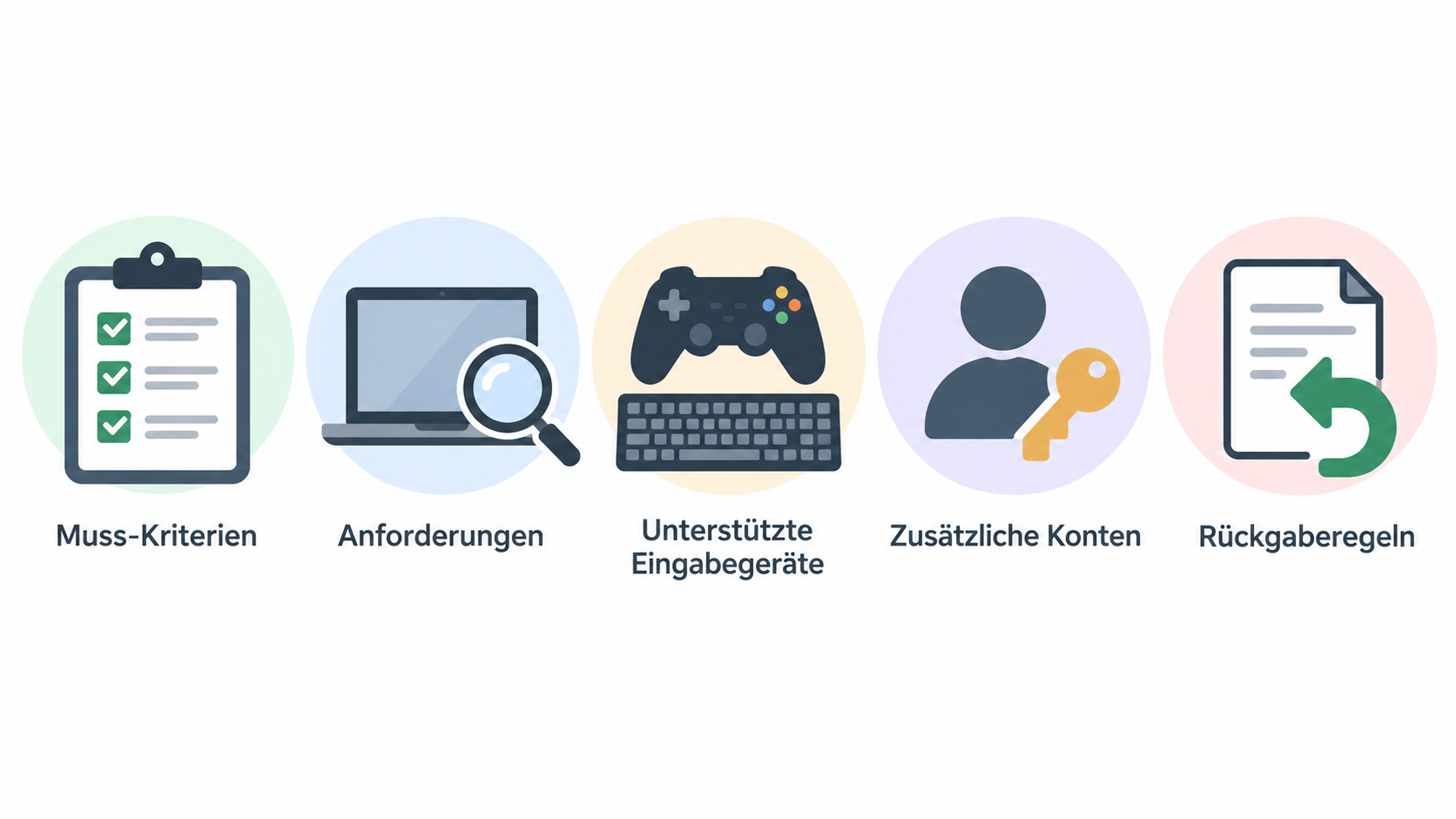 Show the section’s stated purchase criteria in one row of five labeled icons: Anforderungen, Eingabegeräte, Edition, Konten und Online-Funktionen, Rückgaberegeln.