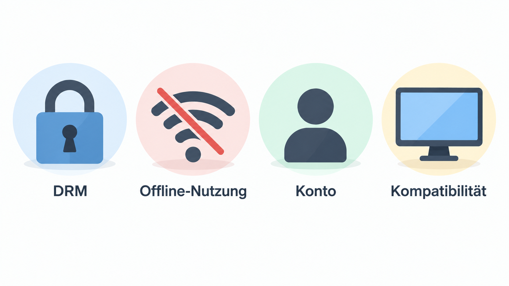 Zeige die vier Aspekte, die der Abschnitt getrennt zu prüfen nennt, in einer Reihe aus Icons mit kurzen Labels.