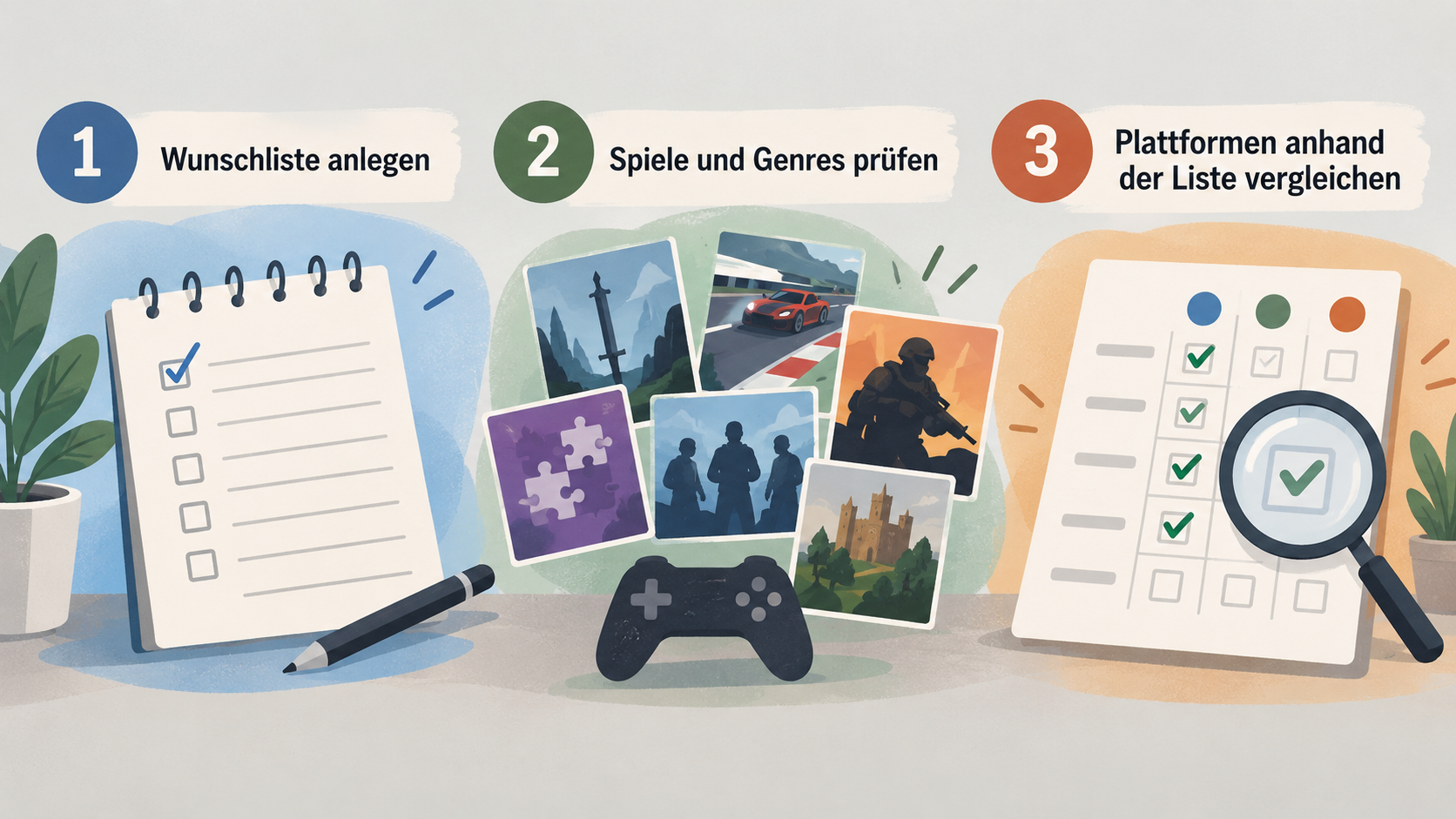 A numbered checklist of the section's two stated steps: make the listed game wish list, then check each platform against it instead of relying only on catalog size.