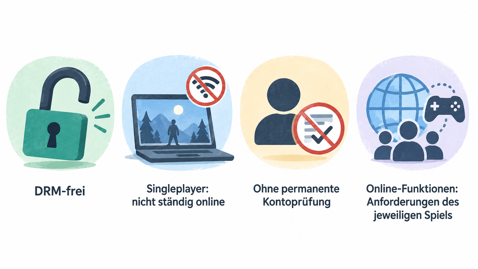 Summarize the section's stated points in one row of four icons labeled „Singleplayer: nicht ständig online“, „Online- und Mehrspielerfunktionen: spielabhängig“, „Galaxy: optional“