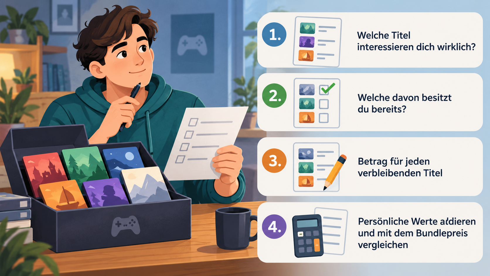 Eine nummerierte Checkliste der vier Schritte, mit denen der persönliche Wert eines Bundles ermittelt wird.
