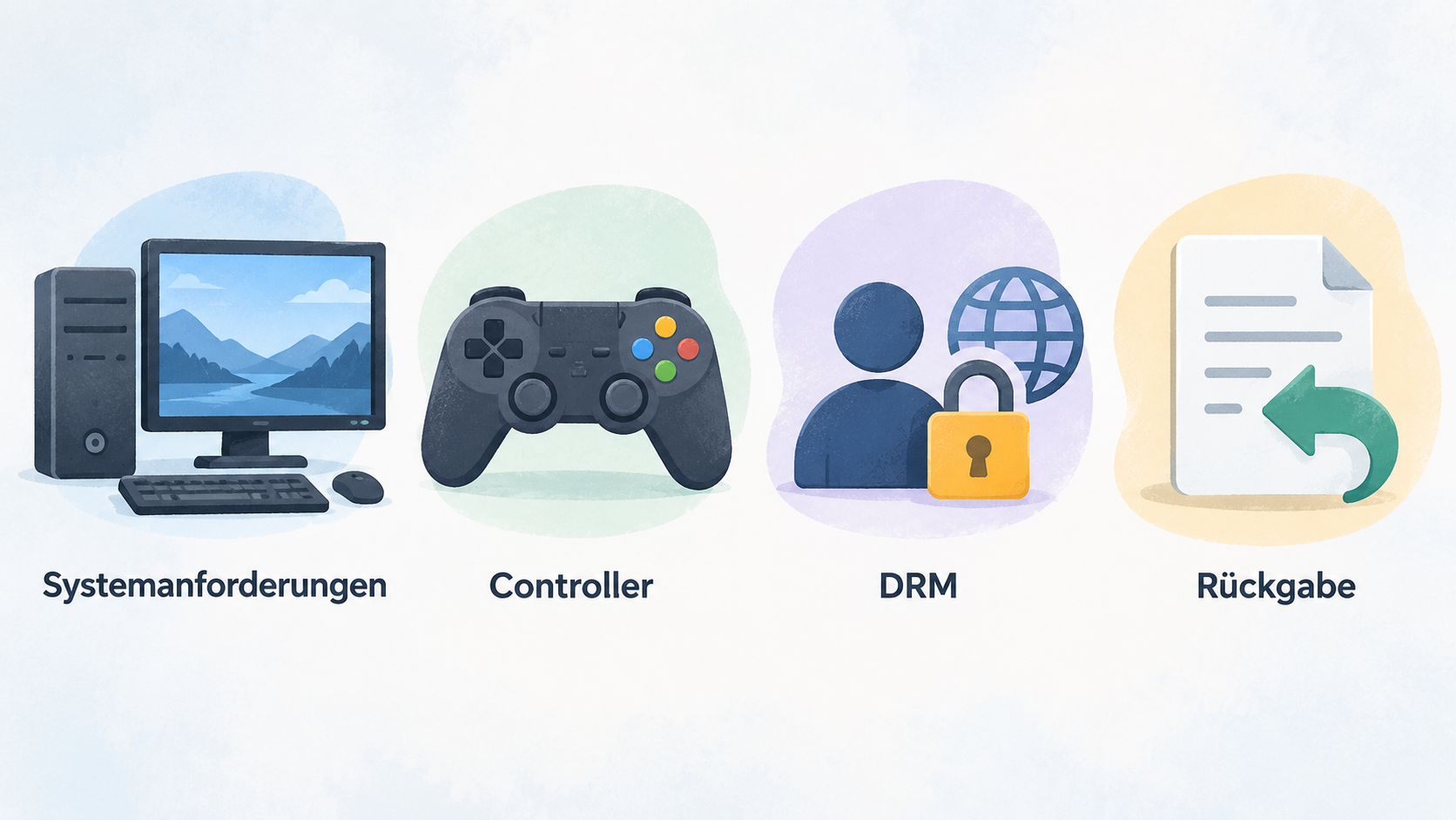 Summarize the article’s stated pre-purchase topics in one row of five labeled icons: Rechner, Controller, KontoClient, Internetverbindung and Rückgabe.